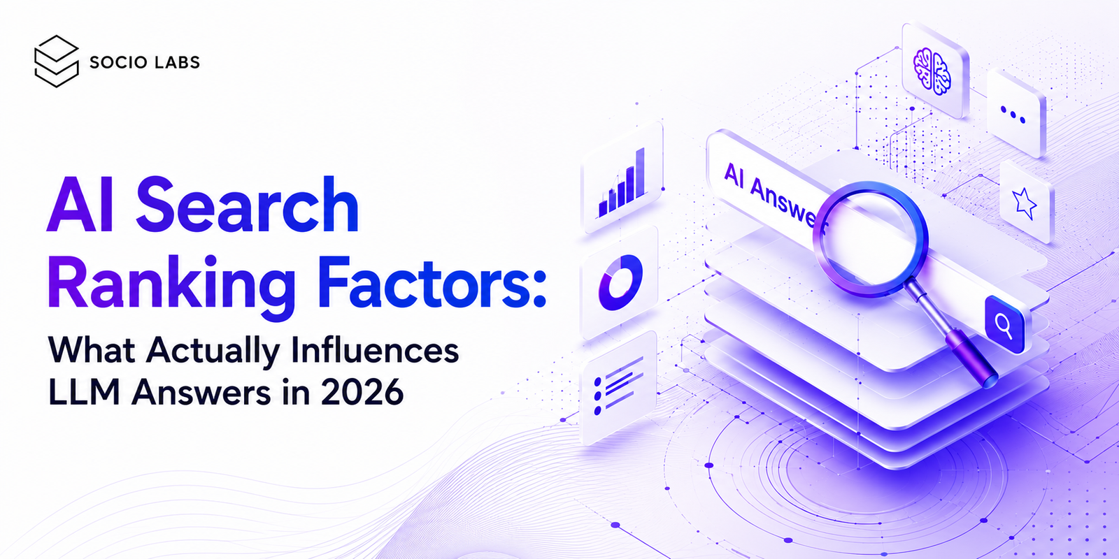 AI Search Ranking Factors banner showing AI answer engine optimization, search ranking signals, LLM search, AI Answer interface, analytics dashboard, and Socio Labs branding.