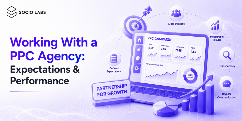 Working With a PPC Agency: Expectations & Performance banner featuring a PPC campaign dashboard, analytics charts, growth metrics, strategy icons, and partnership visuals illustrating successful agency collaboration.
