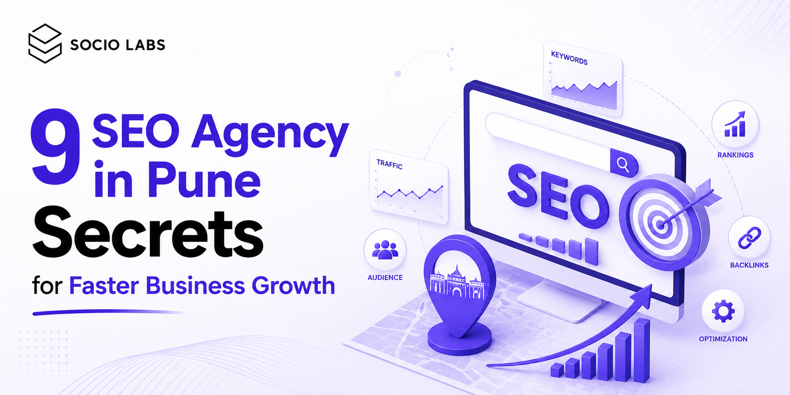 SEO Agency in Pune team analyzing website rankings and traffic data on a dashboard.