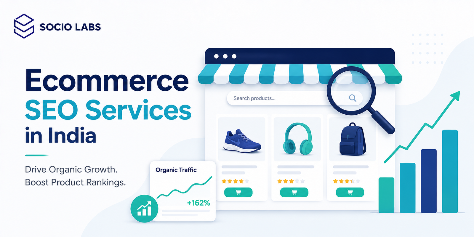 Illustration representing ecommerce seo services in india, showing product discovery and search visibility for online stores