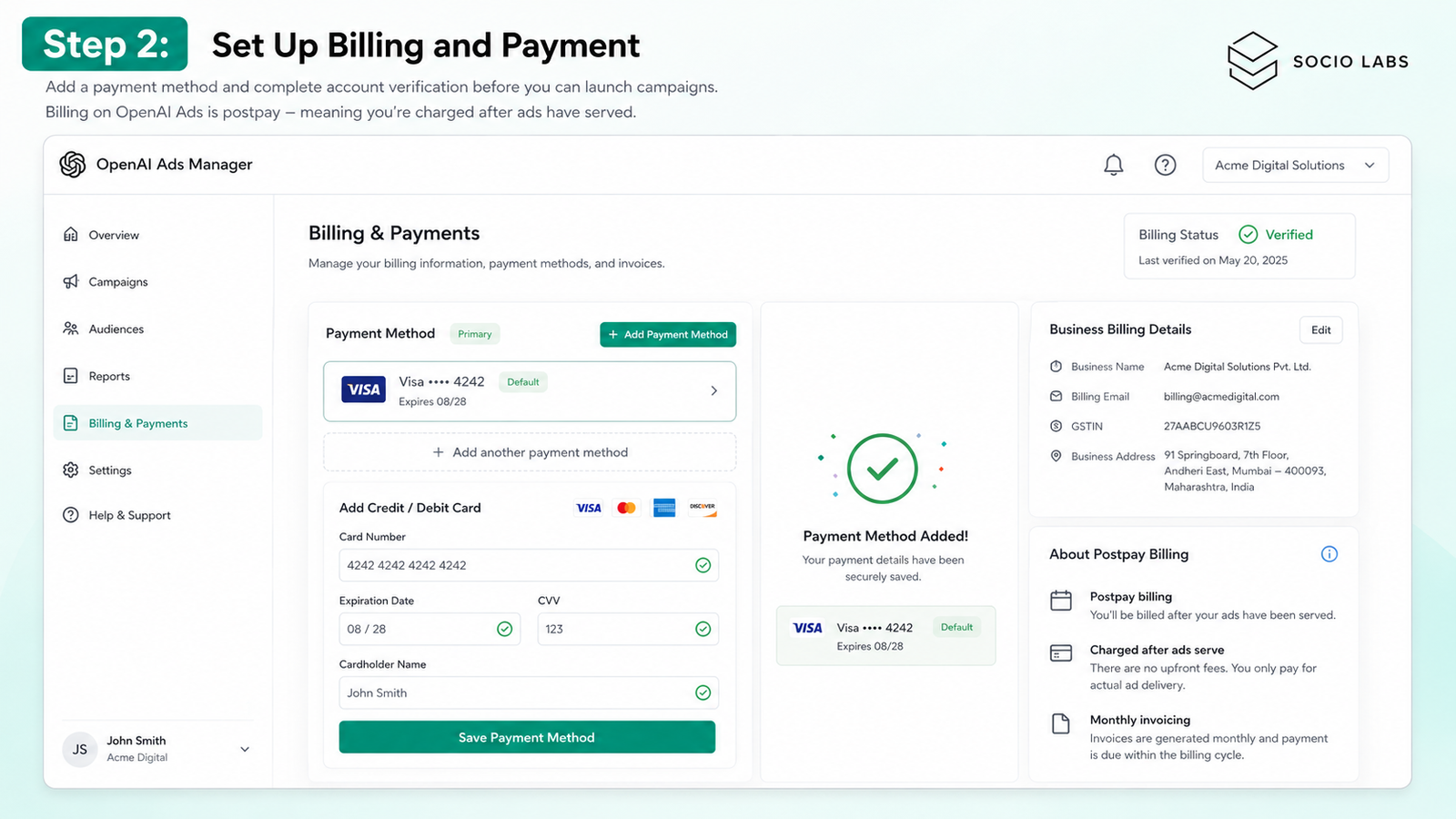 Screenshot of OpenAI Ads Manager showing Step 2, "Set Up Billing and Payment," with a saved Visa payment method, a credit/debit card entry form, a "Payment Method Added" confirmation, and business billing details.