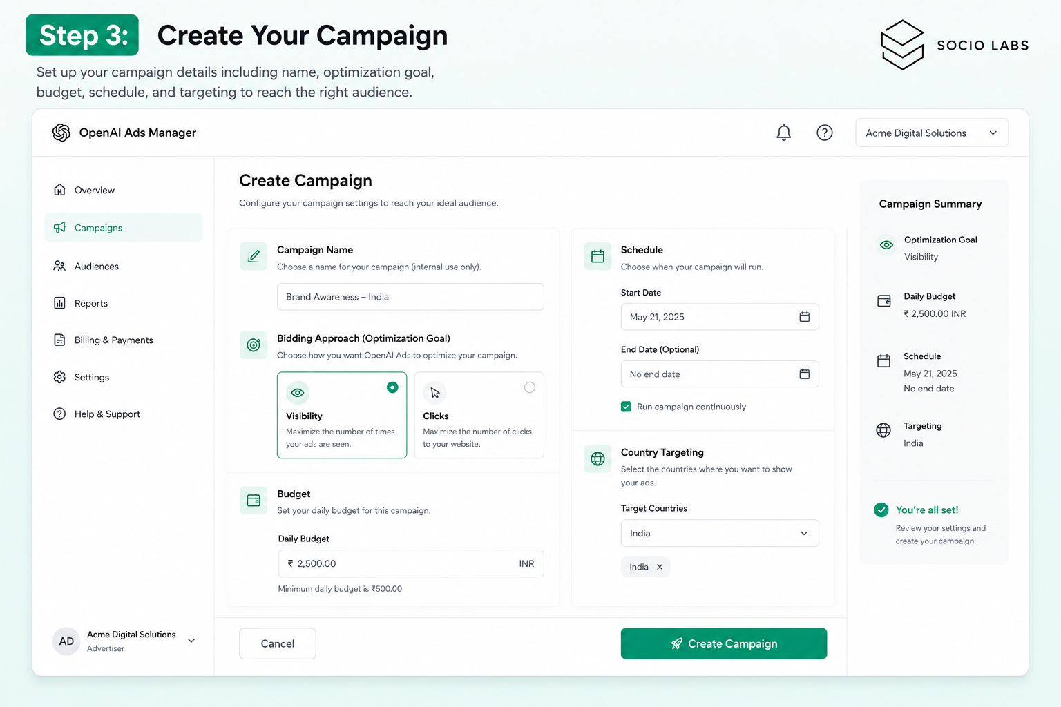 Screenshot of OpenAI Ads Manager showing Step 3, "Create Your Campaign," with fields for campaign name, bidding approach, daily budget, schedule, and country targeting, plus a campaign summary panel confirming the setup is complete.