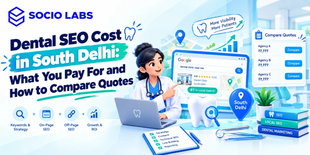 Dentist and clinic manager reviewing a quote for dental SEO cost in South Delhi at a clinic reception desk