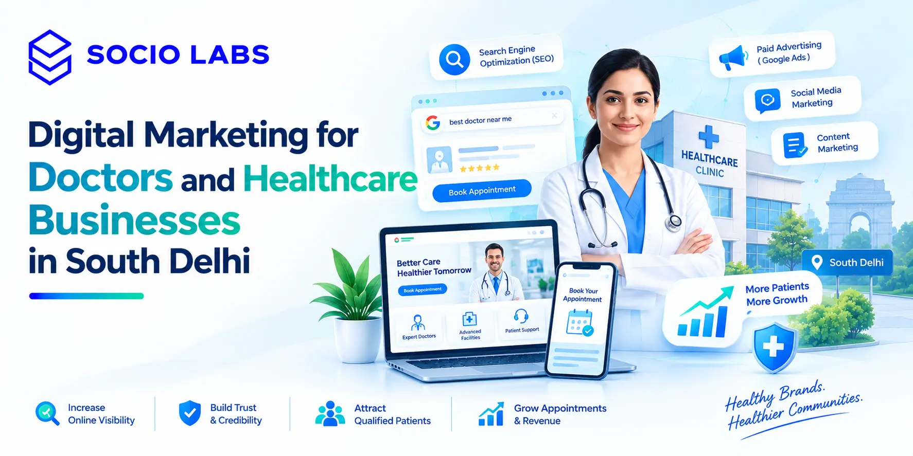 doctor reviewing digital marketing and compliance guidelines for a South Delhi clinic