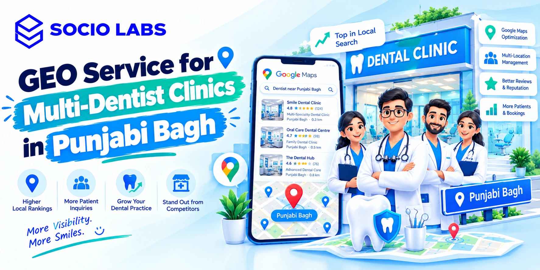 GEO service for multi-dentist clinics: patient checking dentist options on a phone at a dental clinic reception in Punjabi Bagh