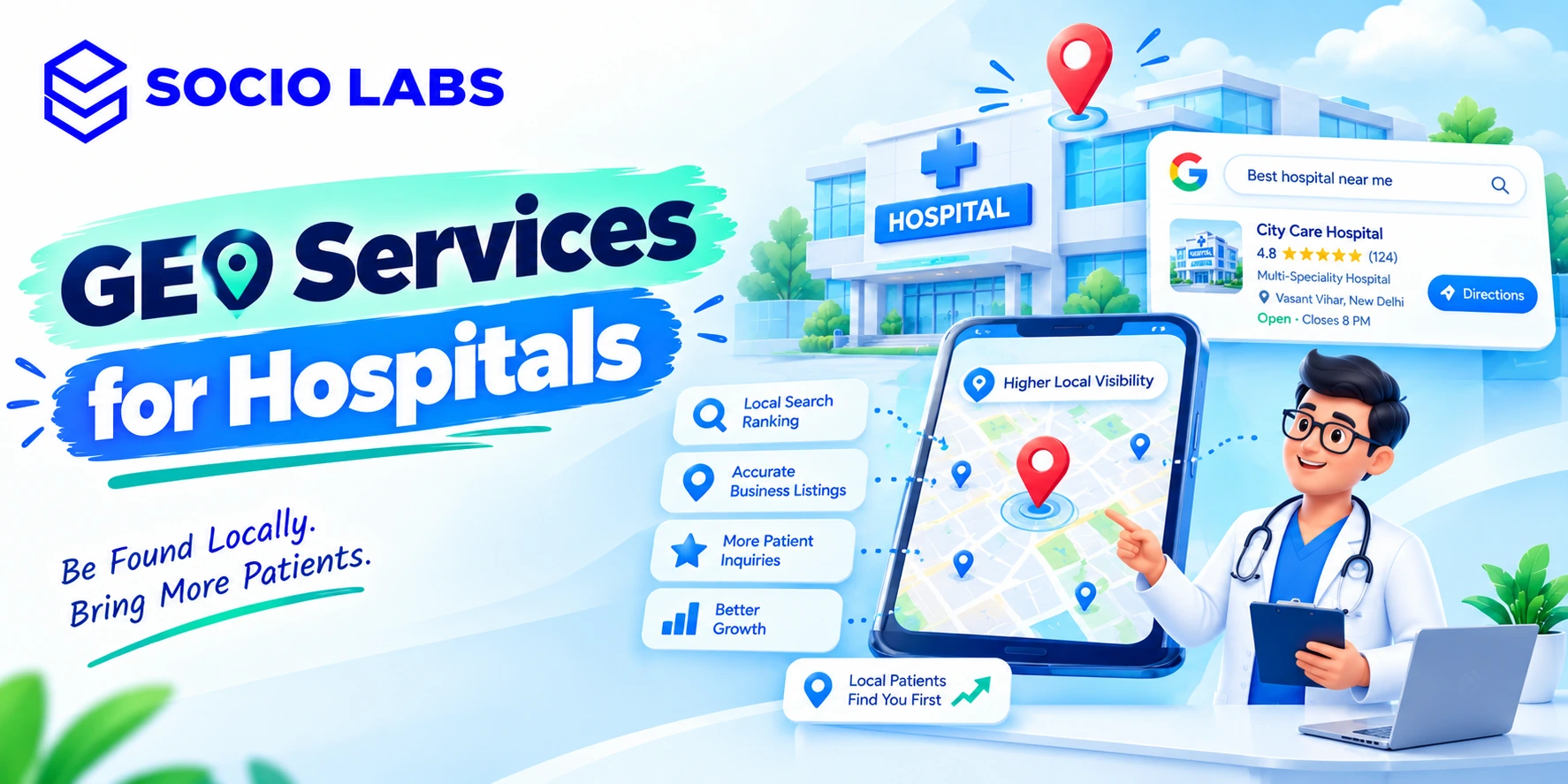 GEO services for hospitals in Rohini: patient asking an AI assistant about nearby hospitals on a phone