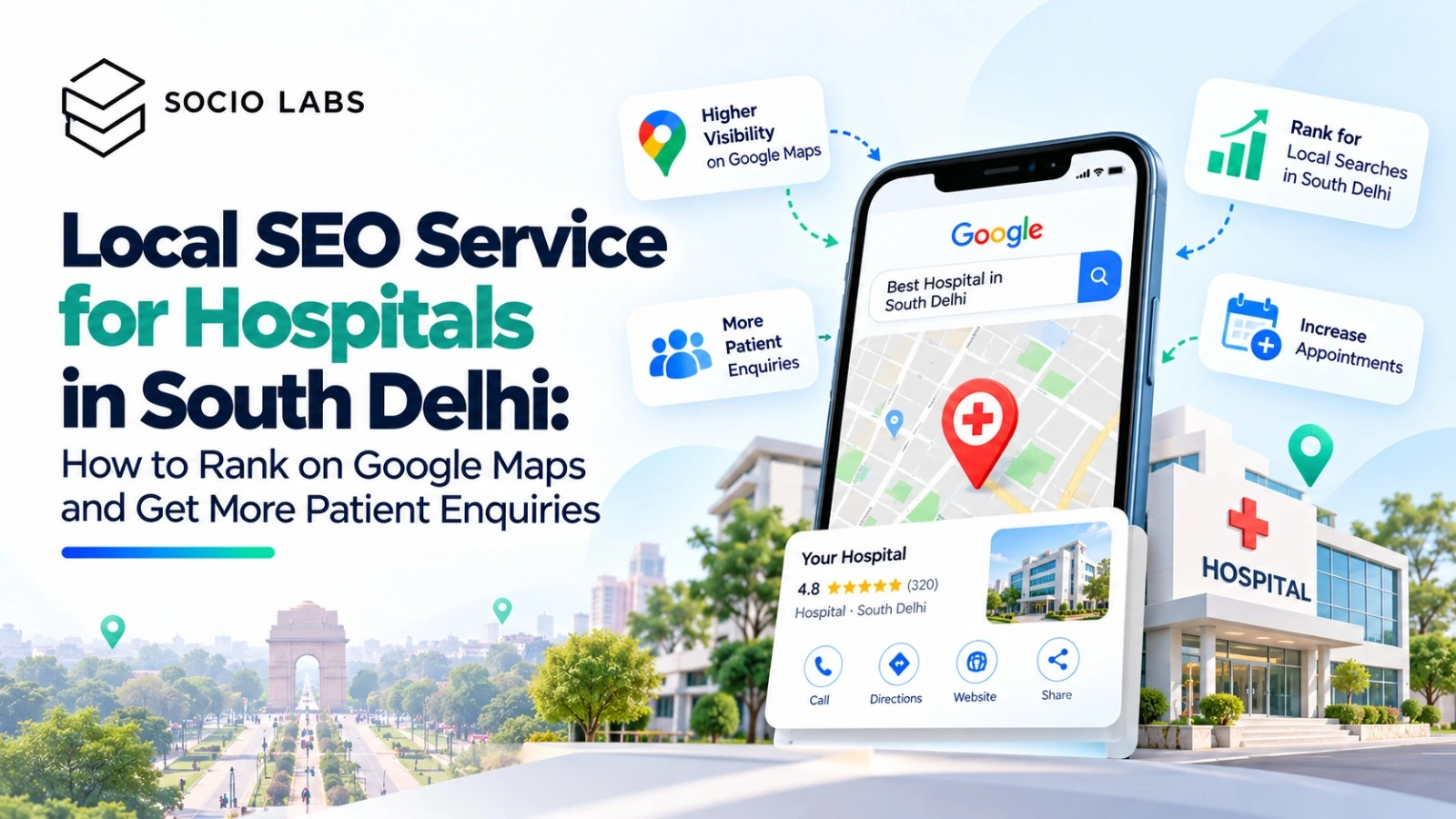 Hospital reception in South Delhi with a visitor checking local SEO for hospitals results on a phone for nearby emergency care