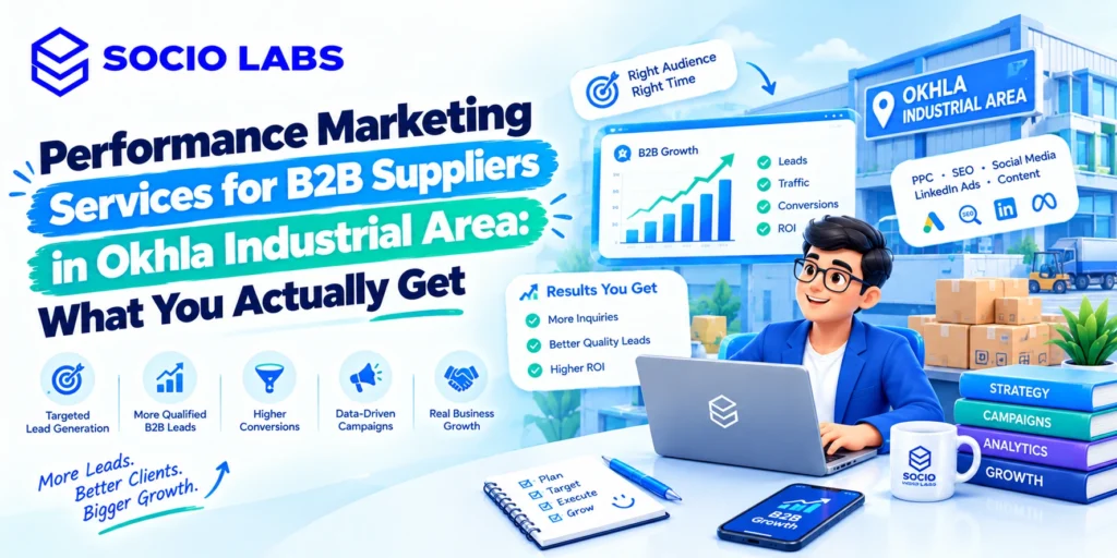 Performance marketing services for B2B suppliers: marketing consultant and sales manager reviewing product samples and a notepad in an Okhla factory office