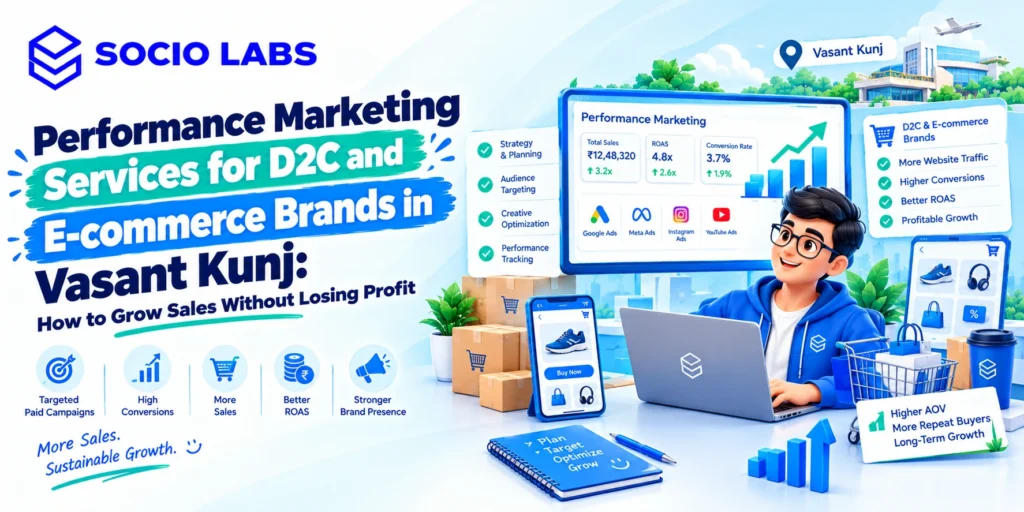 Performance marketing services for D2C brands: founder and marketer reviewing product samples and order data at a Vasant Kunj brand office