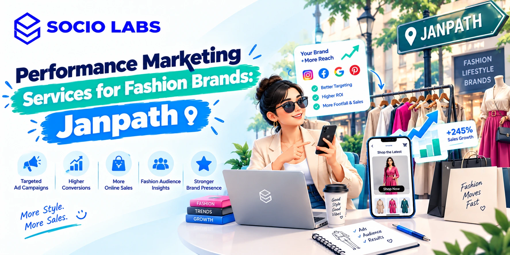 Performance marketing services for fashion brands: designer and marketer reviewing clothing samples and a lookbook at a Janpath boutique