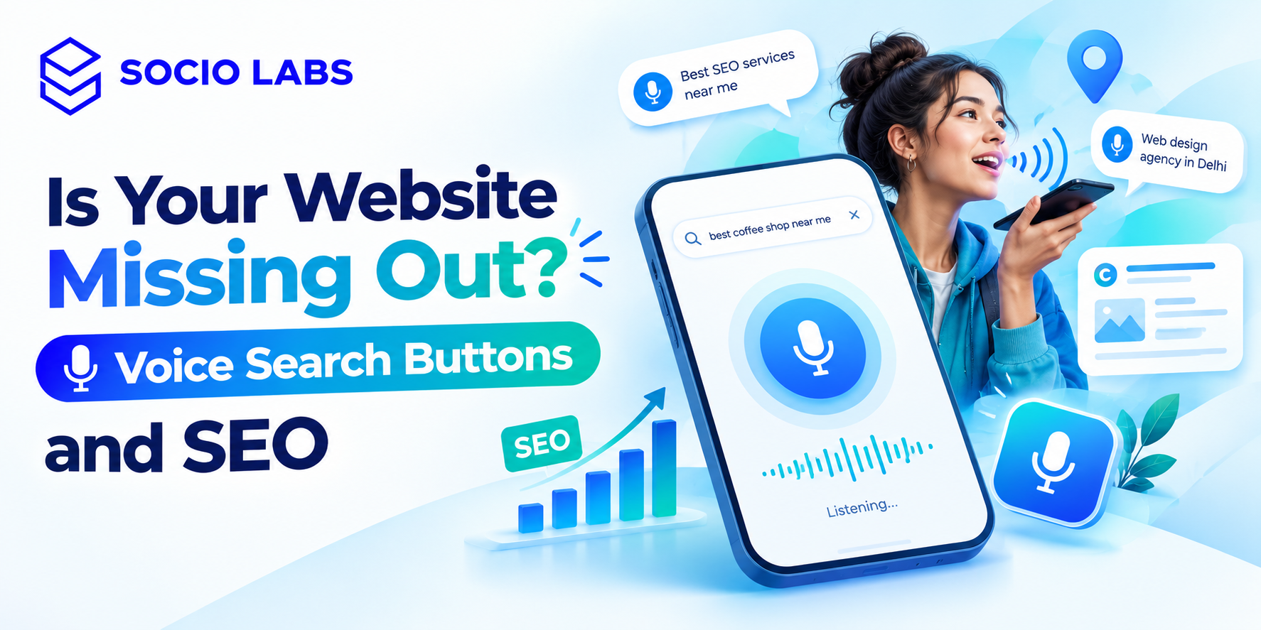 website search bar with voice search button icon next to SEO analytics